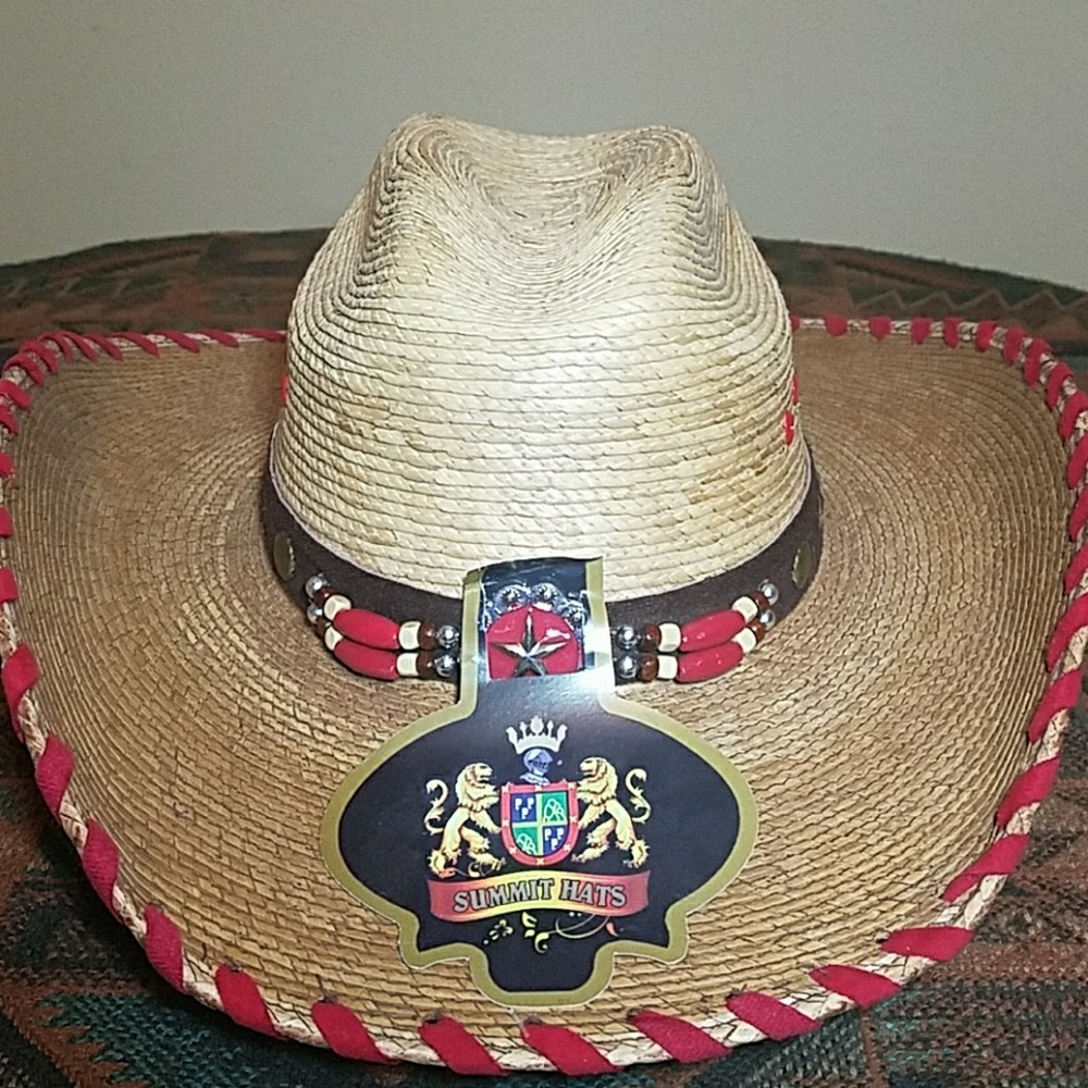 2 Tone Palm leaf cowboy hat w/ red details
